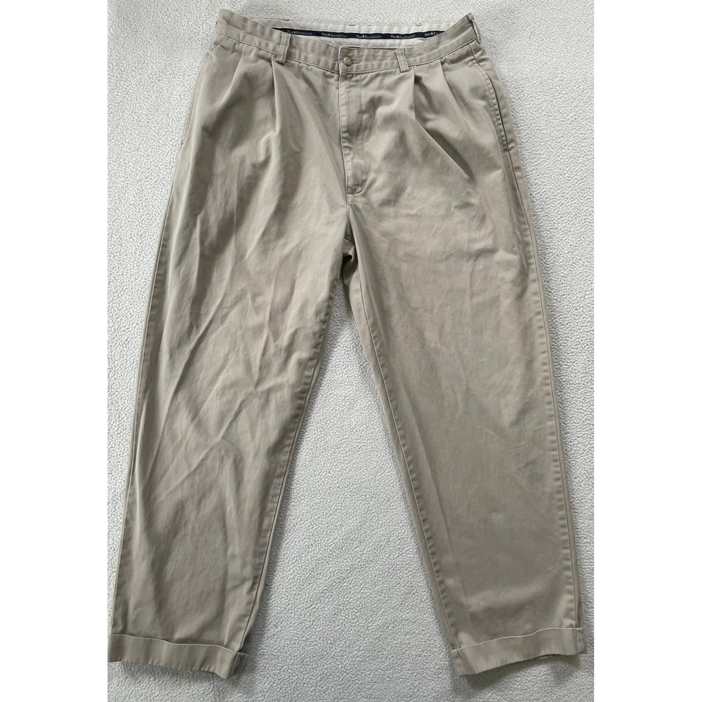90s VTG Polo Ralph Lauren Men 35x30 Hammond Pant Tan Pleated Cuffed Chinos Holes